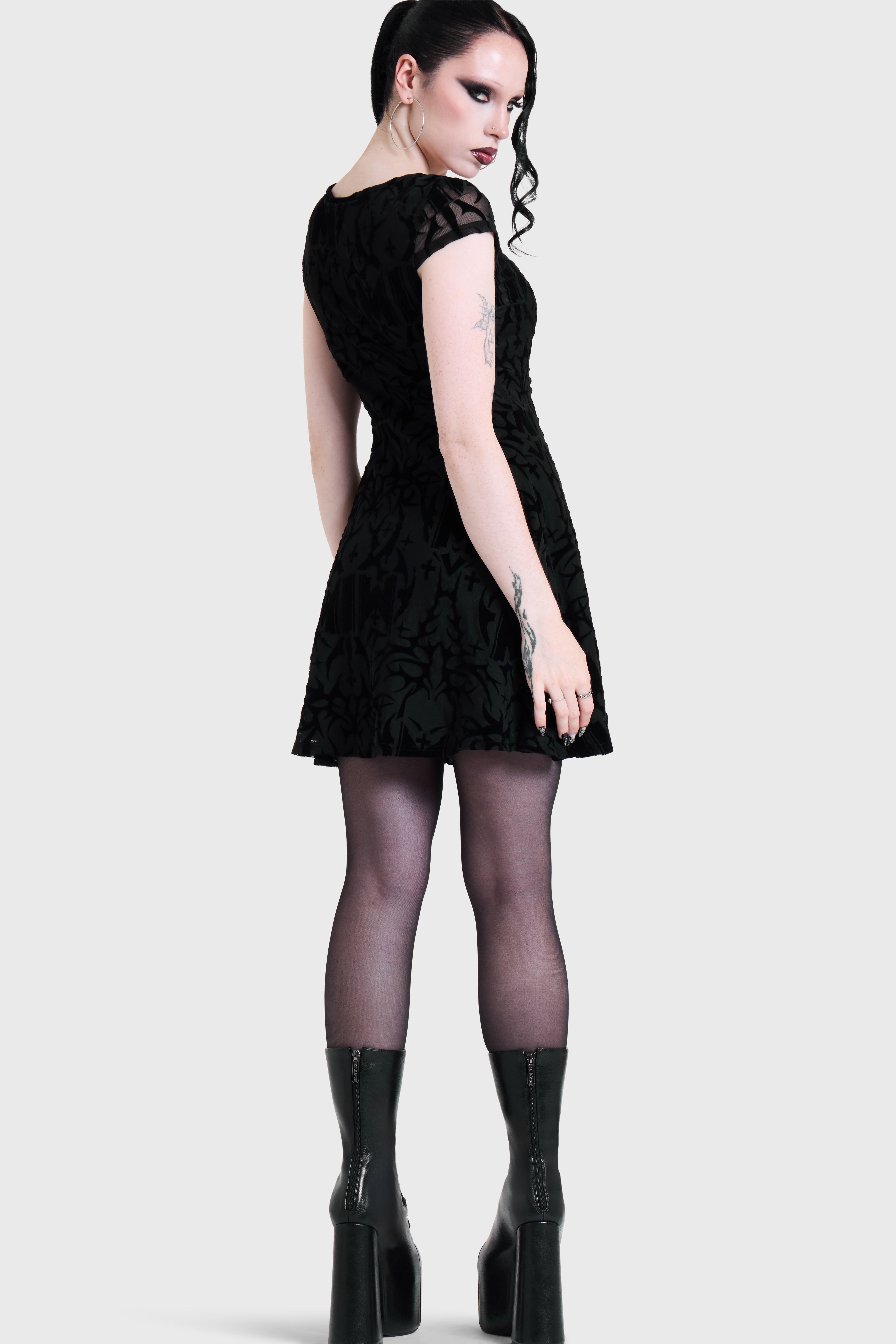 ETERNALLY YOURS FLOCKED MESH SKATER DRESS