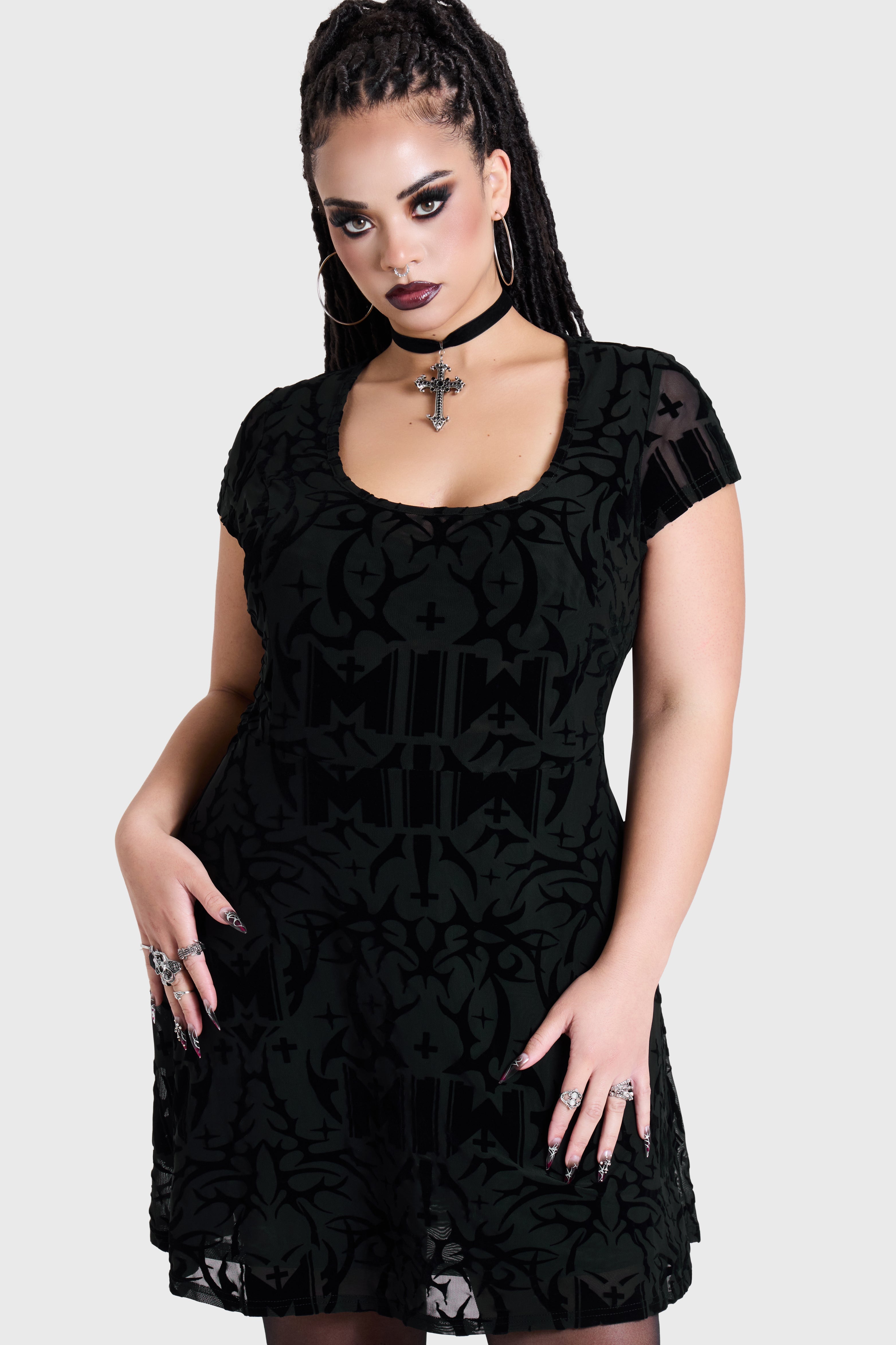 ETERNALLY YOURS FLOCKED MESH SKATER DRESS