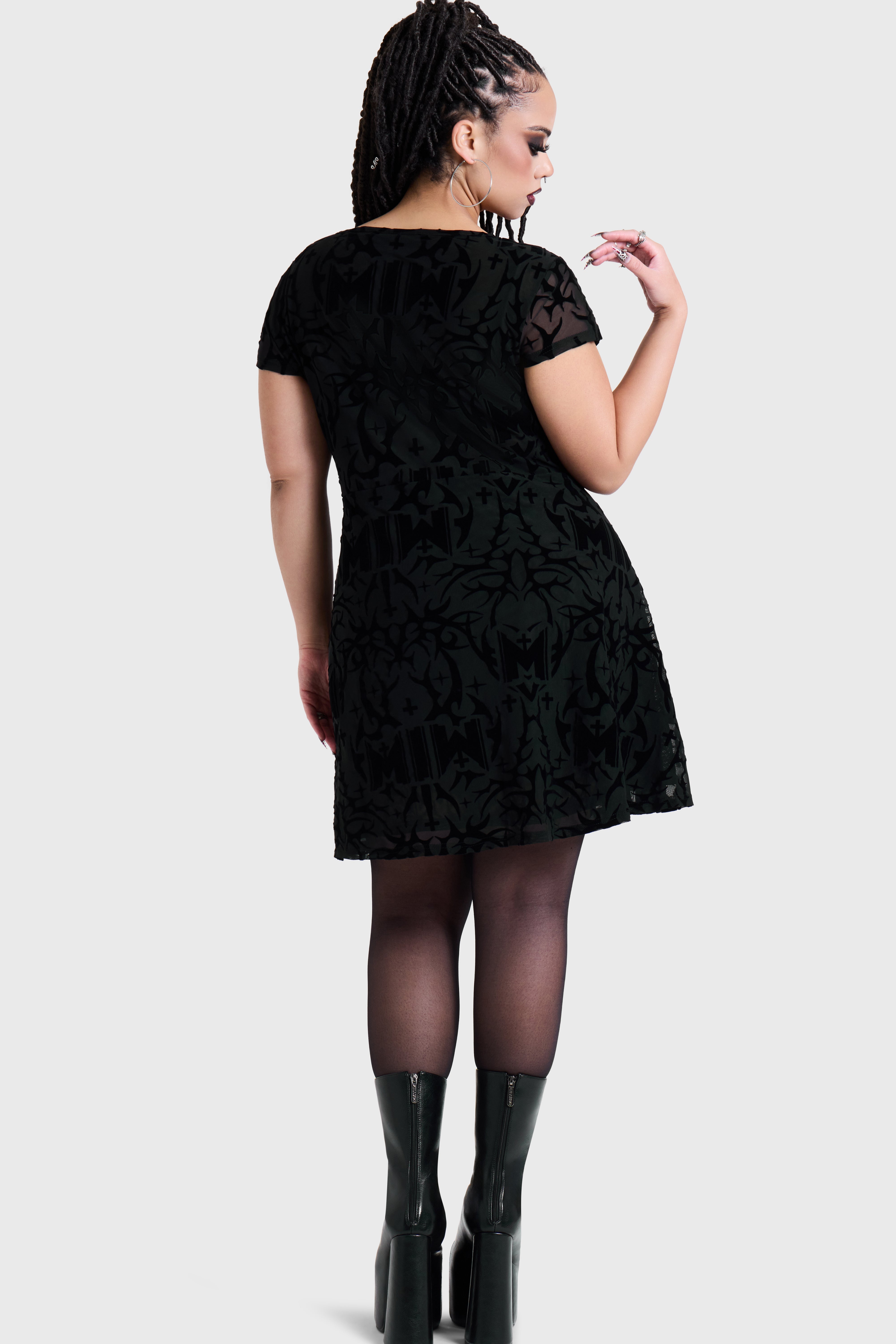 ETERNALLY YOURS FLOCKED MESH SKATER DRESS